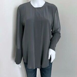 NWT Club Monaco 100% Silk Gray Button Blouse Top Sz M Career Office Wide Placket